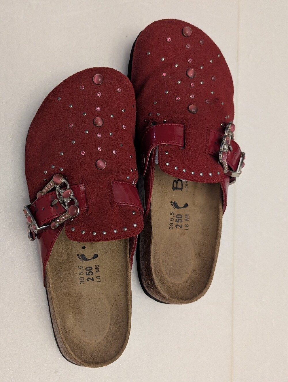 Red Studded Suede Birkenstock Betula Slip-On Clog with Buckle - Picture 2 of 6